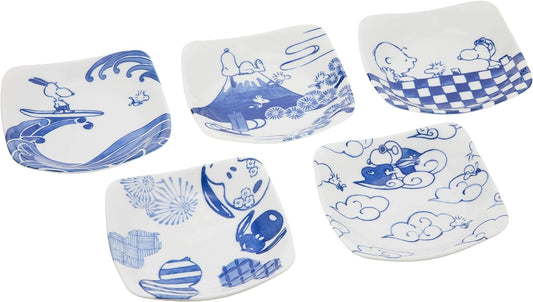 Mini dish plates for sauce - Peanuts Snoopy Yamaka - Set of 5 - Square shape